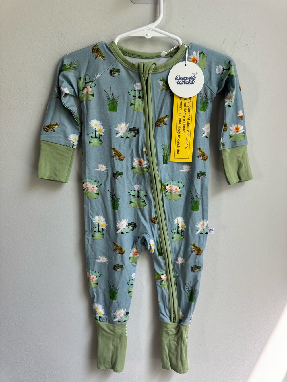 Bamboo Dragonfly Dreams Blue Green Lily Pond Print Footed One-Piece for Kids